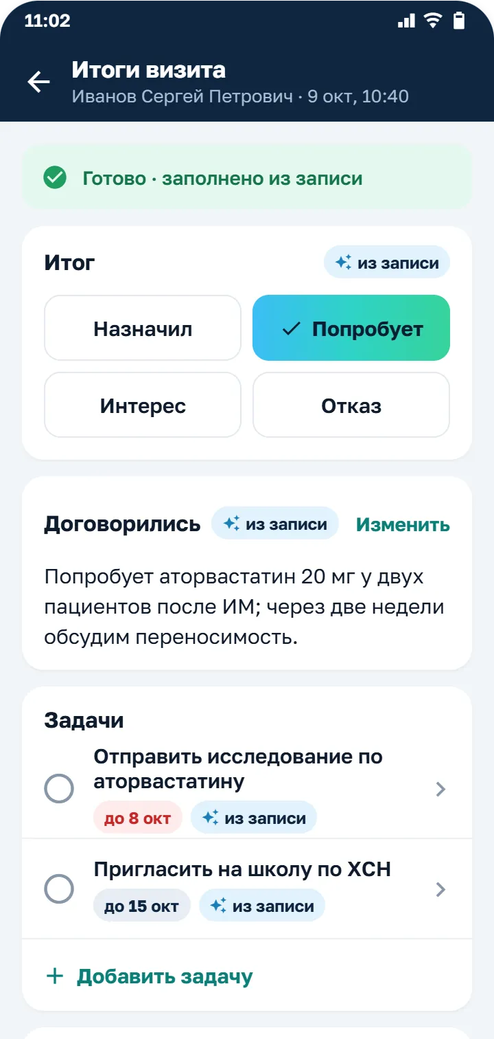 Итоги визита, заполненные из записи: итог, договорённости, задачи